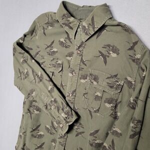 Eddie Bauer Men's Long Sleeve Cotton Button Up Shirt Size L Duck Print Green